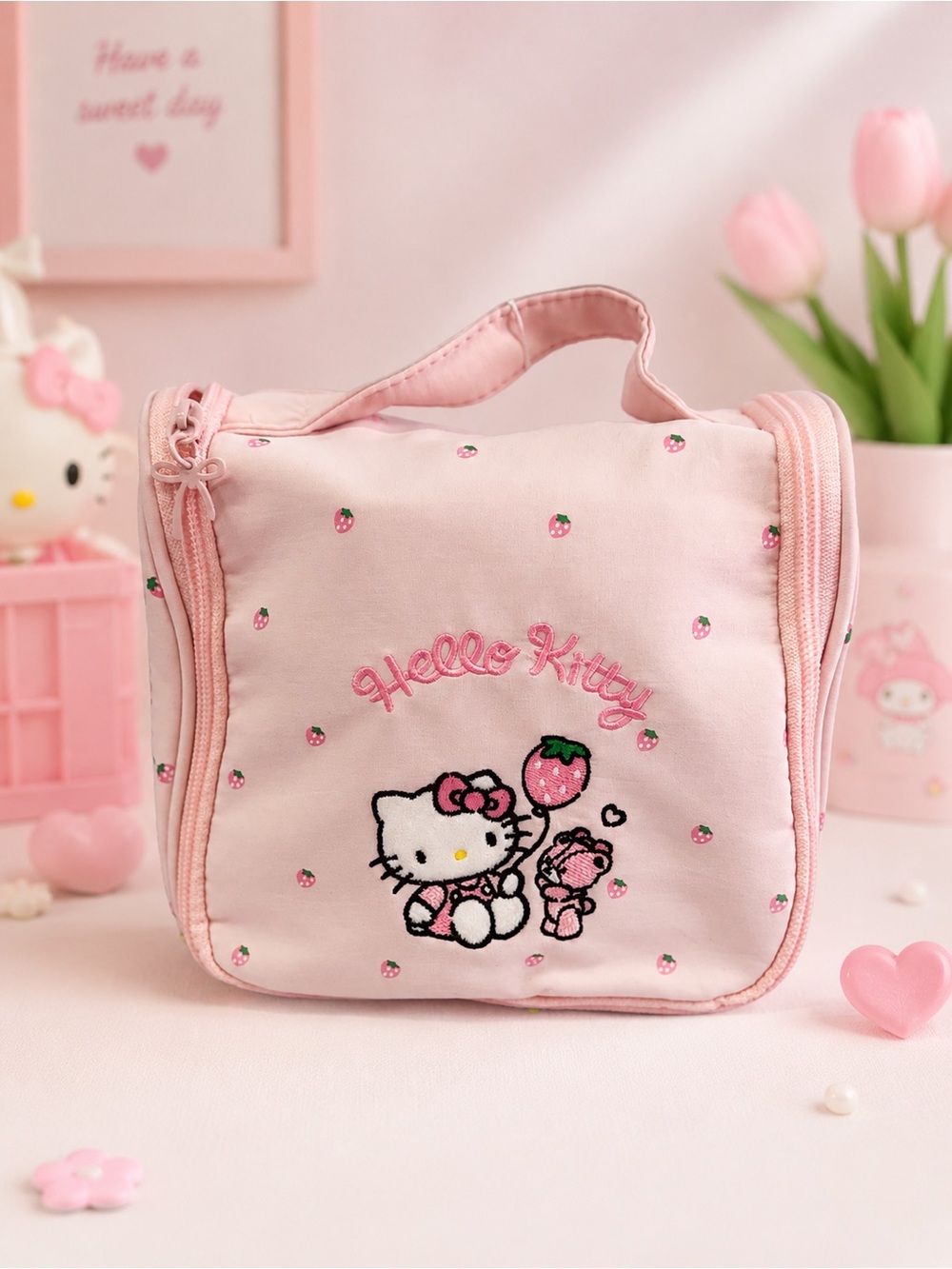 Hello Kitty Pink Strawberry Printed Cosmetic Accessory Bag